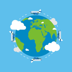 Wall Mural - Earth globe with plane. Earth in flat style. Plane flying. Earth. Vector