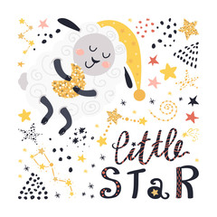 Wall Mural - Poster with sheep, stars and lettering. Vector illustration for your design