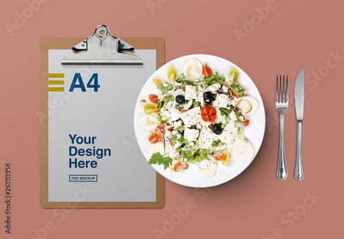 Download Top View Of Clipboard With Salad Plate Mockup Stock Template Adobe Stock