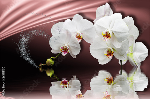 Dekoracja na wymiar  3d-tapety-orchidee-odbicie-w-wodzie-na-tle-jedwabiu-motyw-kwiatowy-to-trend