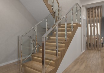 Canvas Print - Modern staircase of the house. 3D render.