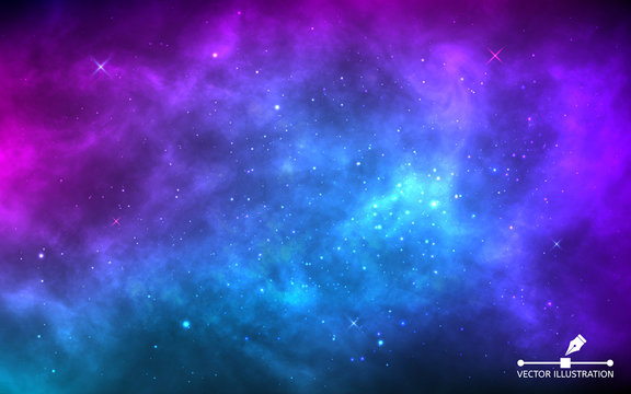 Fototapete - Space background with stardust and shining stars. Realistic colorful cosmos with nebula and milky way. Blue galaxy backdrop. Beautiful outer space. Infinite universe. Vector illustration
