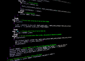 Part of source code for a computer program. View from an angle. Focus on the left, text fades to a blur on the right. Programming language is C. Written by the photographer (no copyright issues). 