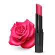 Lipstick in bright pink color in the realistic style against a background of red rose, vector illustration