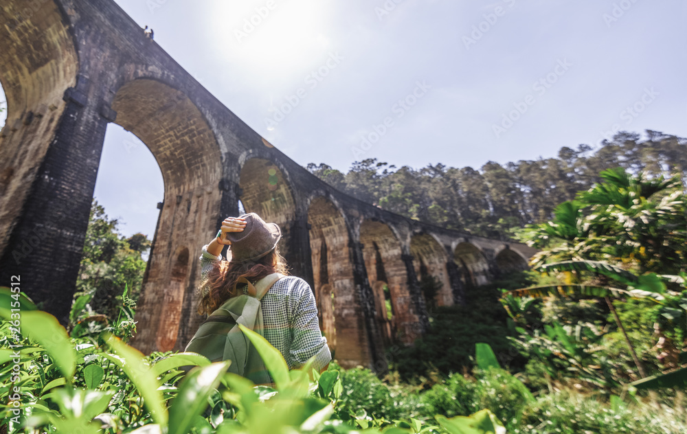 Woman looks at the Demodara nine arches bridge the most visited sight of Ella town in Sri Lanka, Travel to Asia - obrazy, fototapety, plakaty 