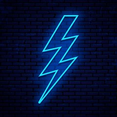 Poster - Neon sign lightning. Voltage icon isolated on brick wall background.