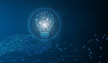 Poster - vector hand and circle tech with lamp bulb consisting of points on blue background.