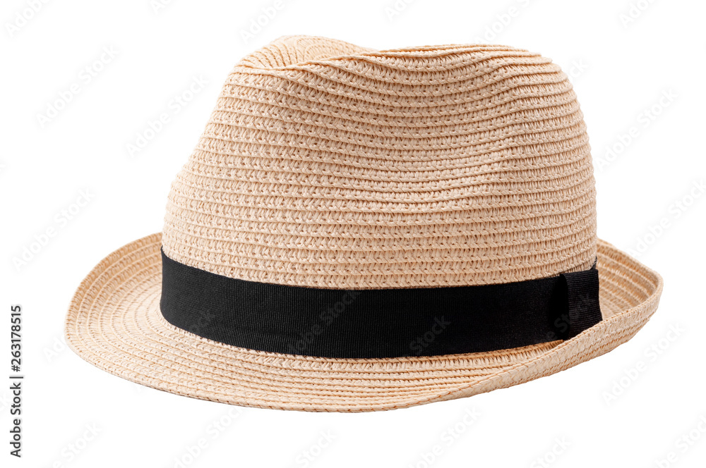 Summer and beach fashion, personal accessories and holiday head wear concept theme with a straw hat or fedora with a black strap or ribbon isolated on white background with a clip path cutout - obrazy, fototapety, plakaty 