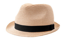 Summer And Beach Fashion, Personal Accessories And Holiday Head Wear Concept Theme With A Straw Hat Or Fedora With A Black Strap Or Ribbon Isolated On White Background With A Clip Path Cutout