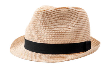 Summer and beach fashion, personal accessories and holiday head wear concept theme with a straw hat or fedora with a black strap or ribbon isolated on white background with a clip path cutout