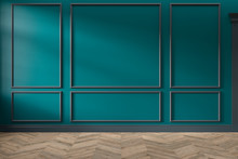 Modern Classic Green, Turquoise Color Empty Interior With Wall Panels, Mouldings And Wooden Floor. 3d Render Illustration Mock Up.