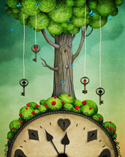 Concept Fantasy Illustration Or Poster With  Tree With Keys And  Clock, Wonderland. 