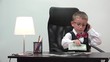 © MEDIAIMAG - Little businessman portrait, elegant funny child  speak on phone, counter money,throw off  worthless banknote