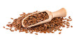 Flax seeds isolated on white background, close-up of flaxseed in wooden scoop