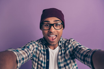 Poster - Closeup photo portrait of cheerful carefree crazy student millennial making taking picture isolated violet background