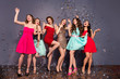 © deagreez - Full length body size view portrait of nice graceful lovely fascinating charming attractive stunning slim fit slender cheerful ladies having fun festive bachelor on violet gray pastel background wall