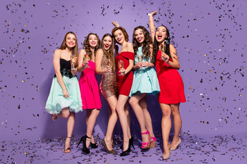 Canvas Print - Full length body size view portrait of nice-looking lovely lovable winsome charming attractive stunning cheerful ladies having fun festive bachelor isolated over purple violet background