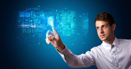 Aufkleber - Man accessing modern hologram personal database with fingerprint identification