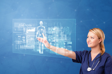 Wall Mural - Doctor touching blue screen with full body analyze concept
