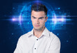 © ra2 studio - Facial recognition system. Young man on blue background