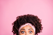 Close Up Photo Beautiful Amazing She Her Dark Skin Lady Hide Half Facial Expression Big Full Fear Eyes Not Talk Tell Speak Say Word Wear Head Scarf Casual White T-shirt Isolated Pink Bright Background