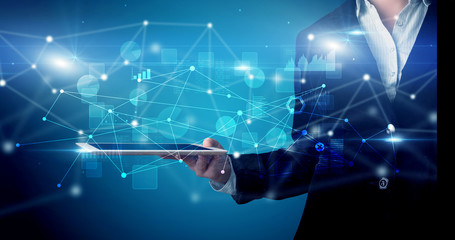 Poster - Elegant hand holding tablet with virtual database and network concept

