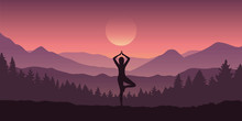 Girl Makes Yoga Tree Figure In The Mountain Landscape View Vector Illustration EPS10