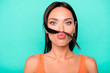 © deagreez - Close-up photo portrait of pretty charming funny comedian she her lady holding hair under nose having april fool day sending air kiss to you isolated bright background