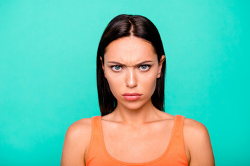 Close-up photo portrait of very angry with frowning face she her lady looking at you camera isolated pastel background