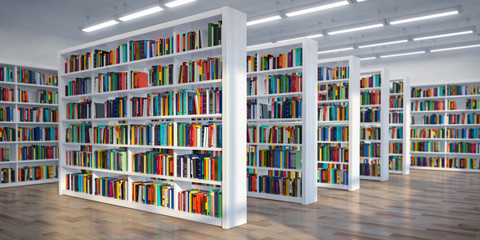 Poster - Library. Background from white  bookshelves with books and textbooks. Learning and education concept.
