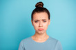 © deagreez - Close up photo beautiful amazing wonderful she her lady sad cry displeased facial expression awful terrible situation frowning mood wear casual sweater pullover isolated blue bright background
