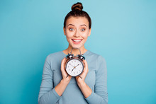 Close-up Portrait Of Her She Nice-looking Attractive Winsome Lovely Cheerful Cheery Funny Girl Holding In Hands Retro Vintage Clock Isolated Over Bright Vivid Shine Turquoise Background