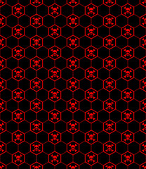 Wall Mural - red skull cross bones symbol and hexagon line seamless pattern on black background vector. dangerous