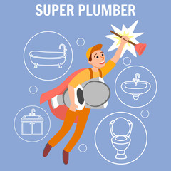 Wall Mural - Funny Cartoon Superhero Repairman in Uniform Cape