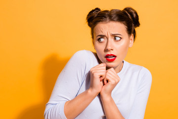 Wall Mural - Close-up portrait of her she nice-looking attractive lovely scared girl scary news omg oops trouble looking aside isolated over bright vivid shine yellow background
