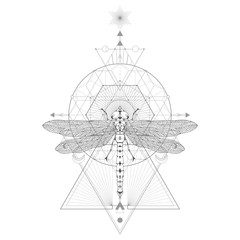 Wall Mural - vector illustration with hand drawn dragonfly and sacred geometric symbol on white background. abstr
