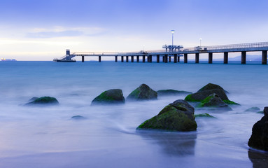 sunrise over bridge in the sea. Burgas bay