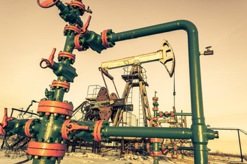 Wall Mural - Oil pump jack and wellhead on an oil field. Mining and petroleum industry. Power generation concept.