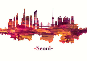 Fototapete - Seoul South Korea skyline in red