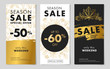 Seasonal sale leaflets templates with autumn pattern in black and gold colors