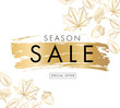 Season SALE advertising banner with leaves, sketch in golden colors