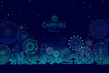 Vector Illustration Of The Carnival Funfair Design With Fireworks Background.