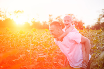 Wall Mural - Happy father with son on back walking on a green field of blooming sunflowers at sunset