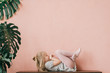 Lifestyle strange portrait with creative non-standard vision of little girl lying on table in embryo pose with opened mouth and hands on her knees. Fabulous female child dreaming on wall background.