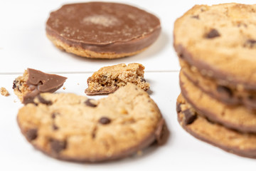 Crisp Cookie Biscuits With Chocolate Isolated Above White Background