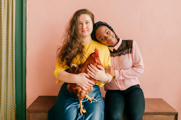 Young interracial female couple sits together with beloved domestic friend - cock and hugs each other on pink wall background. Lifestyle portrait of unusual female pet lovers. Odd f female friendship.