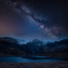Composite Image Of Winter Landscape Of Snowcapped Mountain Range At Night With Milky Way Above