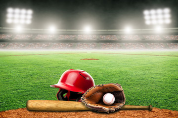 Wall Mural - Baseball Bat, Helmet, Glove and Ball on Field in Outdoor Stadium With Copy Space