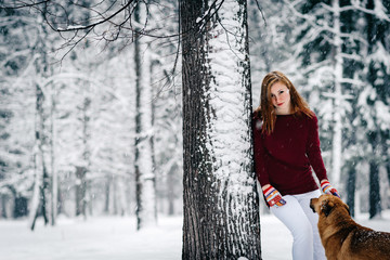 Wall Mural - a girl in a Burgundy sweater and white pants stands leaning against a tree near the Red Dog amid the snowcovered forest