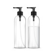 © Piyathida P - Cosmetic plastic bottle with black dispenser pump (transparent). Liquid container for gel, lotion, cream, shampoo, bath foam. Beauty product package, vector illustration.